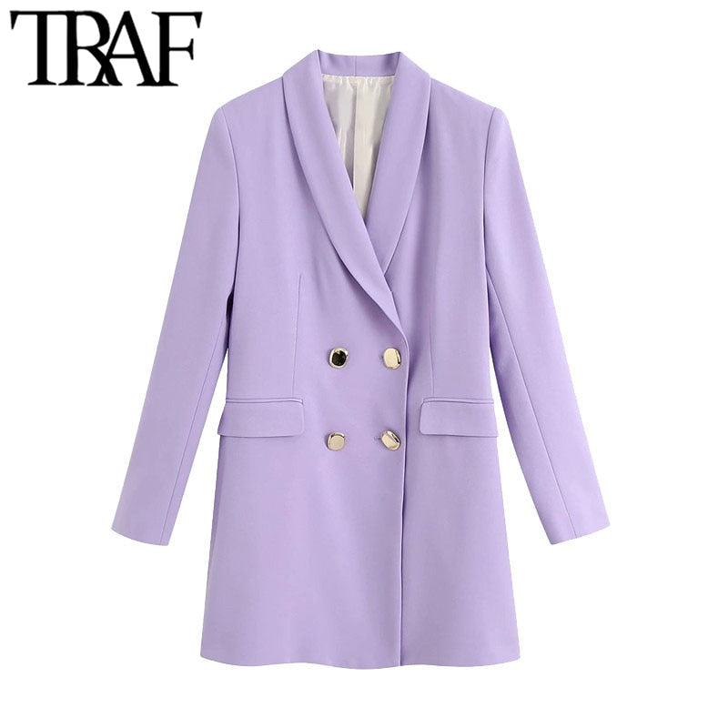 TRAF Women Fashion Office Wear Double Breasted Blazer Coat Vintage Long Sleeve Flap Pockets Female Outerwear Chic Tops