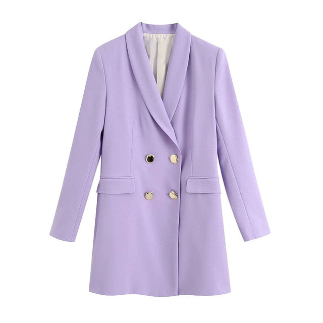TRAF Women Fashion Office Wear Double Breasted Blazer Coat Vintage Long Sleeve Flap Pockets Female Outerwear Chic Tops