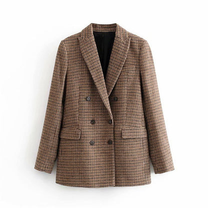 Aachoae Vintage Casual Plaid Blazer Women Fashion Double Breasted Office Ladies Jacket Coat Notched Collar Long Sleeve Suits