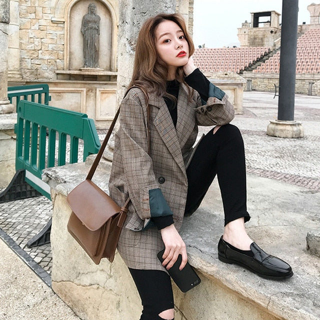 2020 Autumn Vintage Double Breasted Office Ladies Plaid Blazer Longsleeve Loose Retro Suits Coat Jacket Women Blazers Female
