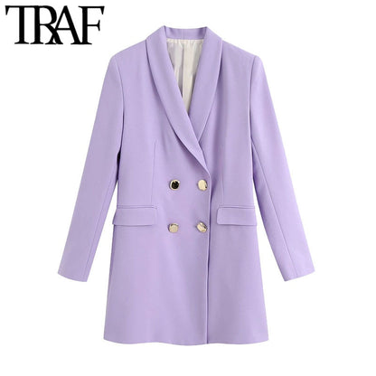 TRAF Women Fashion Office Wear Double Breasted Blazer Coat Vintage Long Sleeve Flap Pockets Female Outerwear Chic Tops